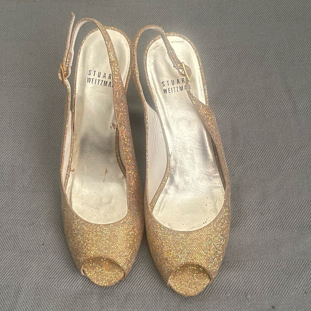 STUART WEITZMAN Gold glitter Sparkle Peep Toe Platform Slingback Sandals 8m